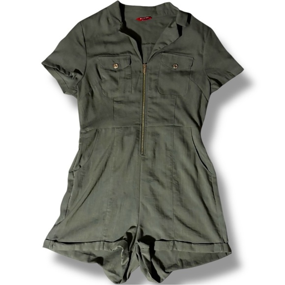 Guess Olive Green Military Style Rolled Hem Gold Zip Front Pockets Romper - Picture 2 of 16